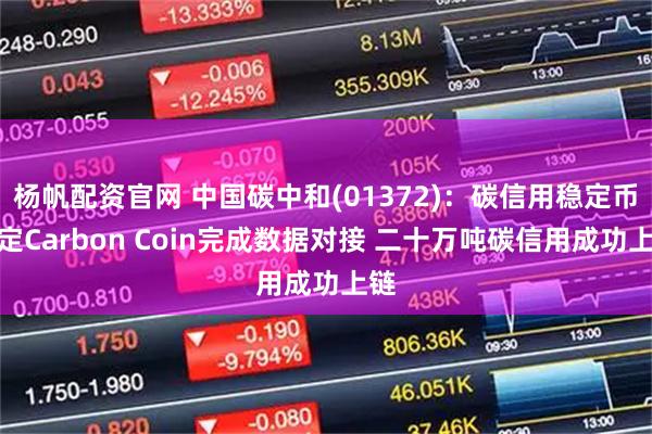 杨帆配资官网 中国碳中和(01372)：碳信用稳定币协定Carbon Coin完成数据对接 二十万吨碳信用成功上链