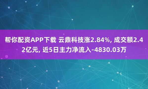 帮你配资APP下载 云鼎科技涨2.84%, 成交额2.42亿元, 近5日主力净流入-4830.03万